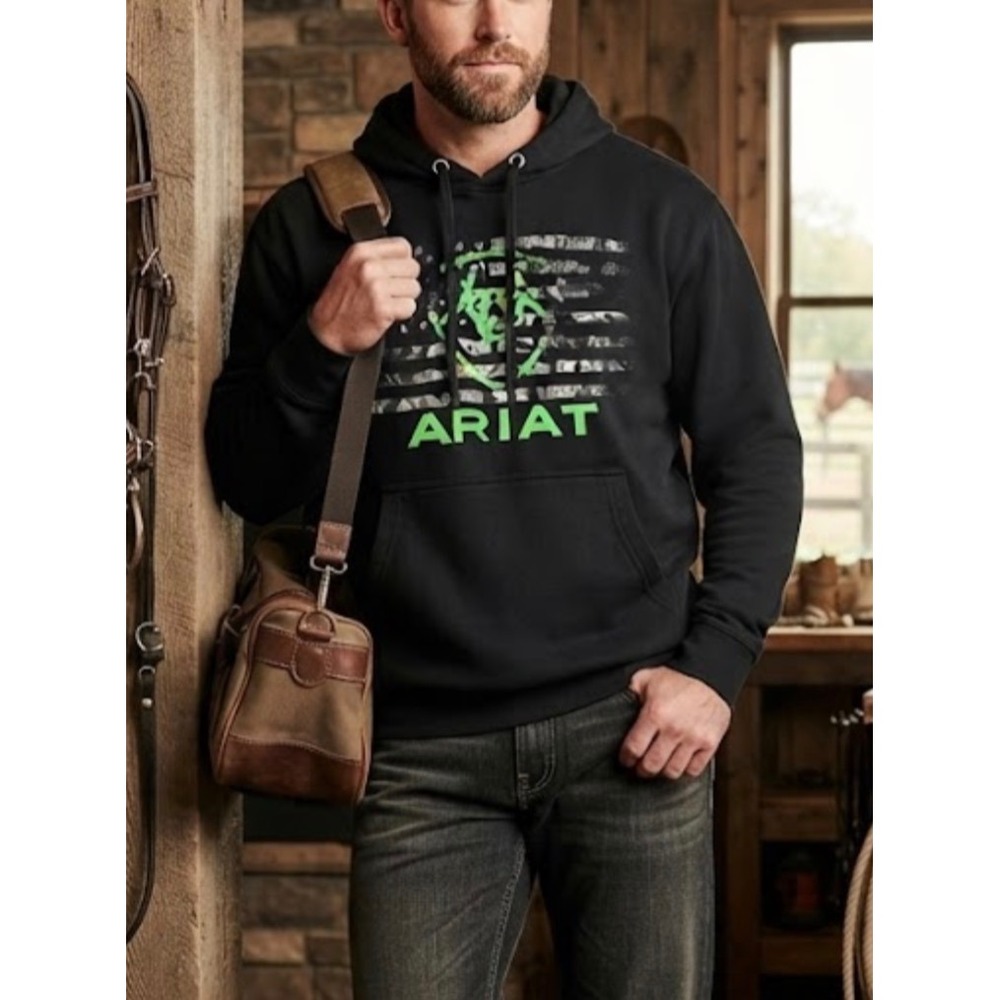 Ariat Mens Pullover Hoodie Black Green American Flag Graphic Sweatshirt Medium